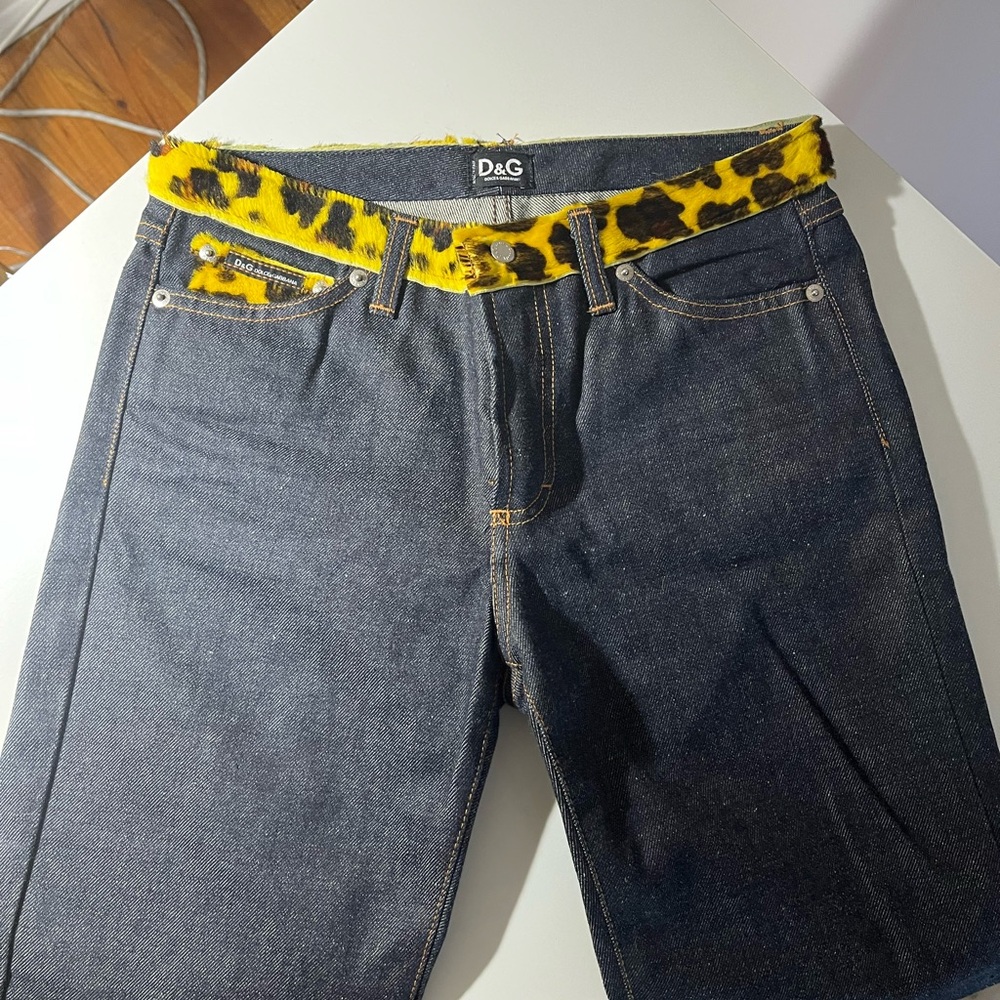 SOLD!!! D&G Dark Denim Jeans with Yellow Leopard Pockets